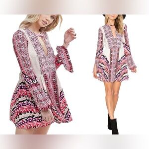 Anthropologie Free People Teagan Border Print Mini Boho Dress Open Front Back 4